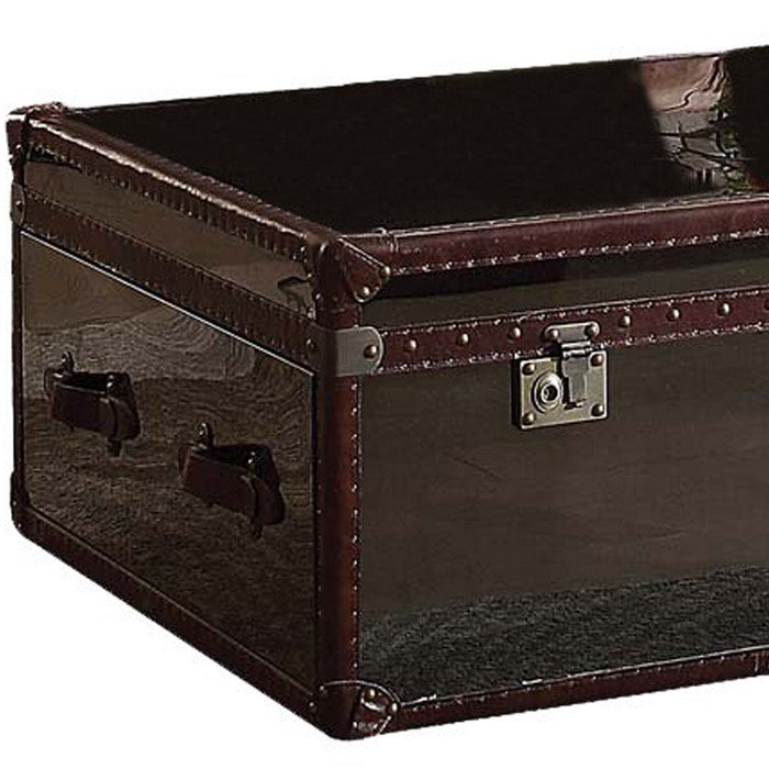 Trunk Design Leatherette Trim Wooden Coffee Table with 2 Drawers, Brown and Gray