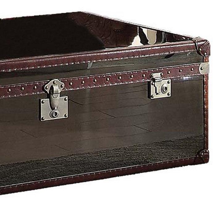 Trunk Design Leatherette Trim Wooden Coffee Table with 2 Drawers, Brown and Gray