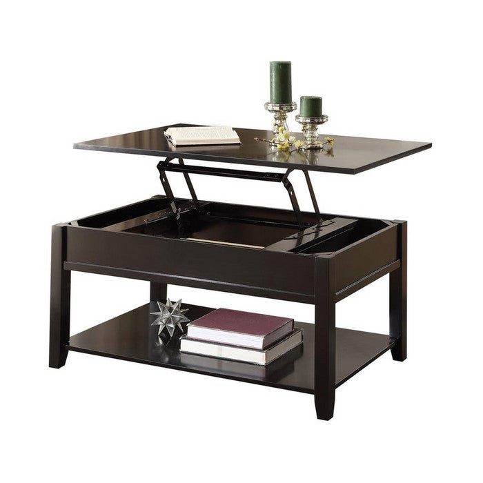 19 inch Lift Top Cocktail Table with Bottom Shelf, Black