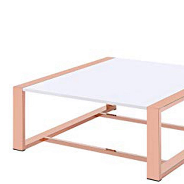 Metal Frame Rectangular Coffee Table with Sled Base, Rose Gold and White
