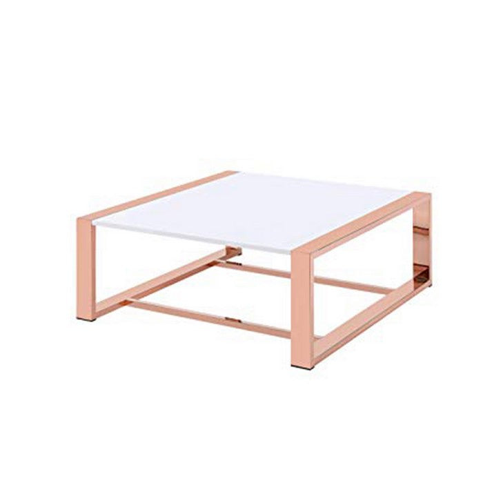 Metal Frame Rectangular Coffee Table with Sled Base, Rose Gold and White