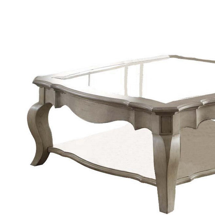 18 Inch Glass Top Wooden Coffee Table, Antique Taupe
