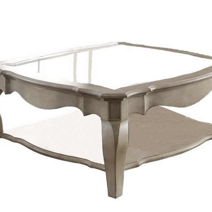 18 Inch Glass Top Wooden Coffee Table, Antique Taupe