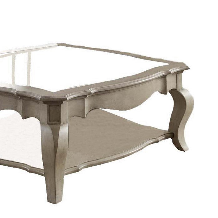 18 Inch Glass Top Wooden Coffee Table, Antique Taupe
