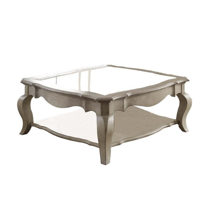 18 Inch Glass Top Wooden Coffee Table, Antique Taupe