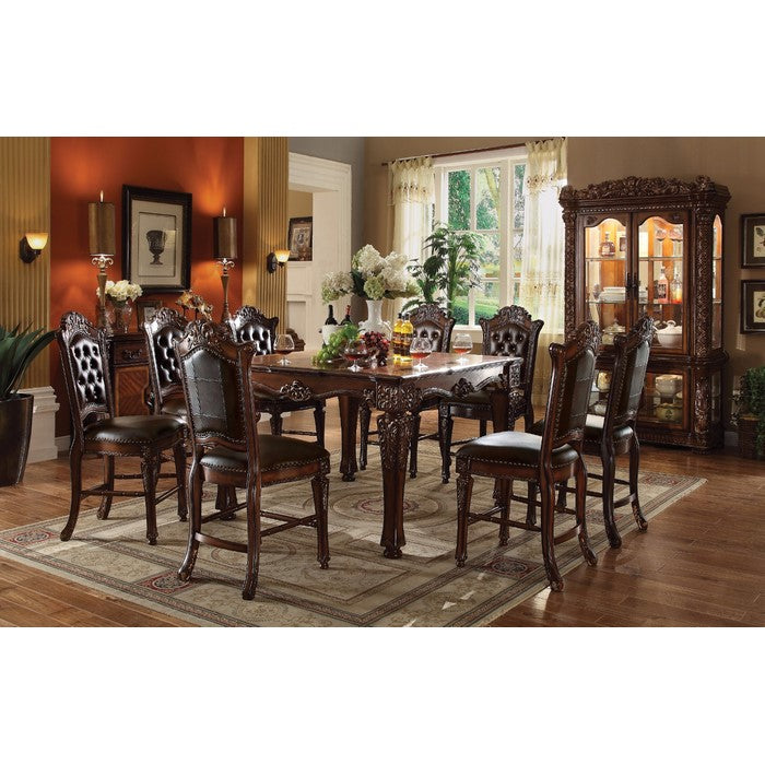 Wooden Counter Height Square Table with Carved Details, Brown