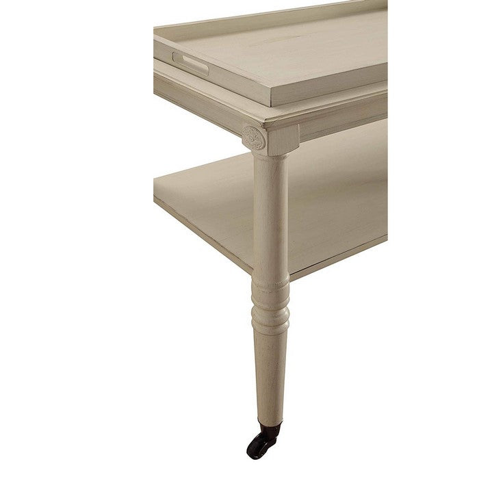 32 Inch 2 Tier Wooden Tray Table with Casters, Antique White