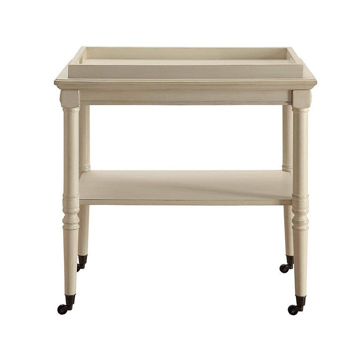 32 Inch 2 Tier Wooden Tray Table with Casters, Antique White