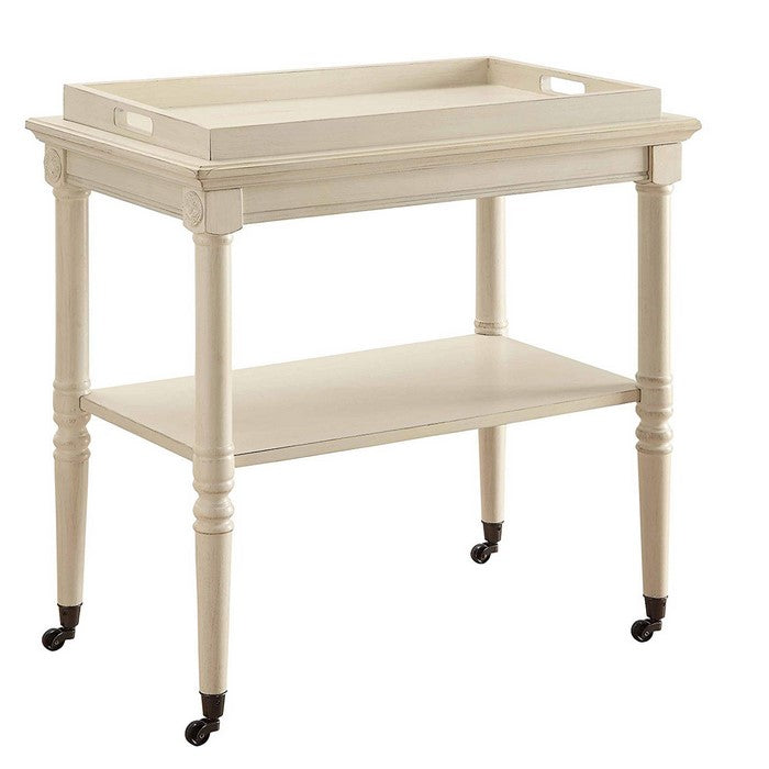 32 Inch 2 Tier Wooden Tray Table with Casters, Antique White