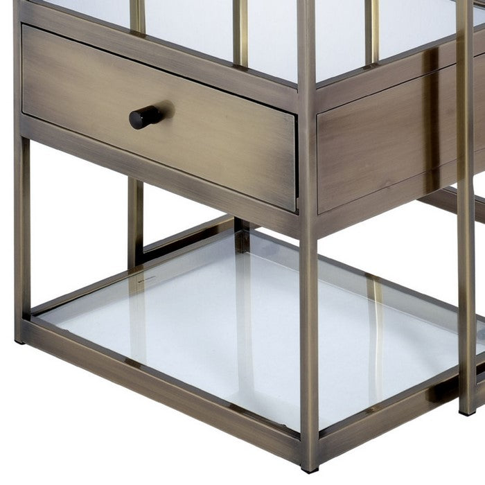 Metal and Glass 2 Piece Nesting Table Set, Brown and Clear