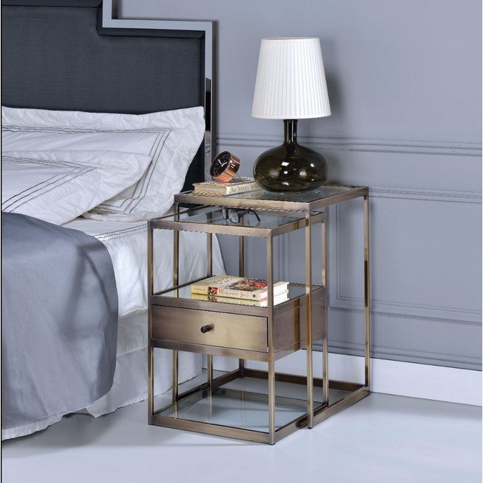 Metal and Glass 2 Piece Nesting Table Set, Brown and Clear