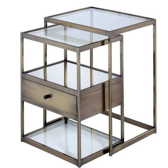 Metal and Glass 2 Piece Nesting Table Set, Brown and Clear