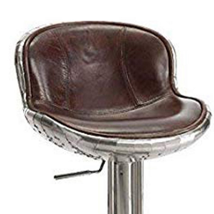 Leatherette Adjustable Metal Frame Stool with Swivel, Brown and Silver