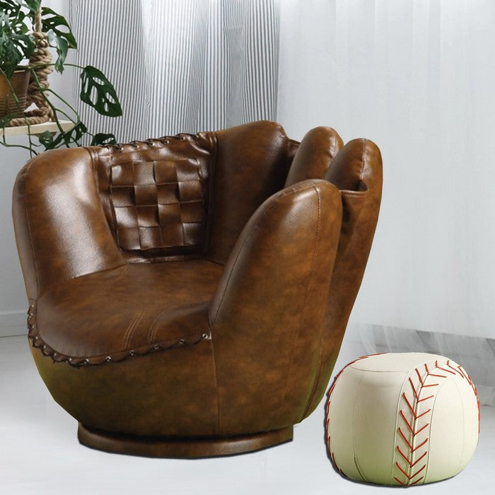 Baseball Glove Chair & Ottoman, Brown/White