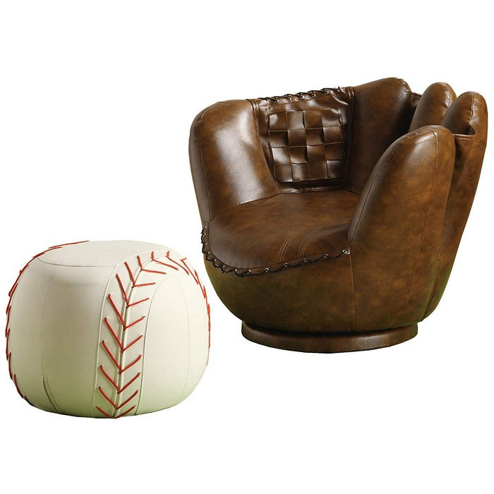 Baseball Glove Chair & Ottoman, Brown/White