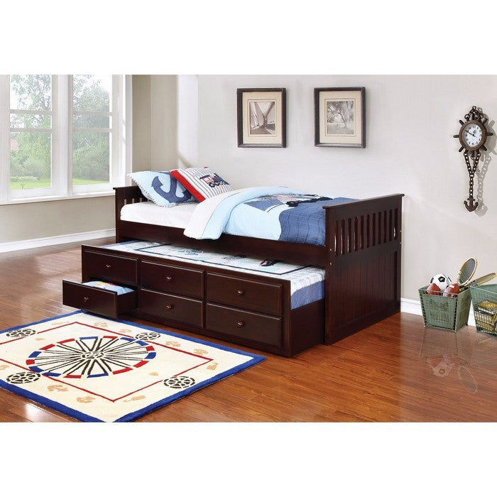 Modish Daybed Bed with Trundle and Storage Drawers, Brown