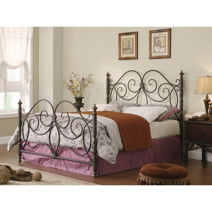 Fine-looking Queen Size Metal Bed with Scroll Details, Bronze