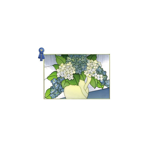 French Blue Hydrangeas Horizontal Stained Glass Panel