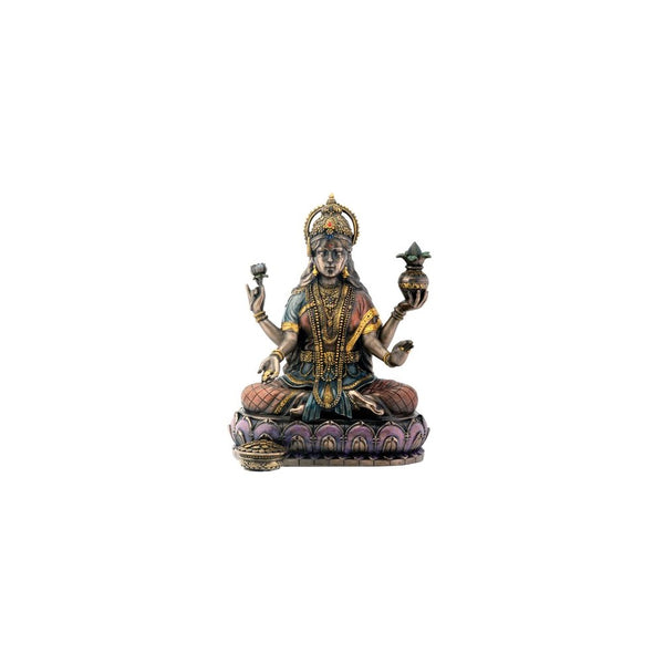 Bronze Hindu Goddess Lakshmi On Lotus Hinduism Display Statue