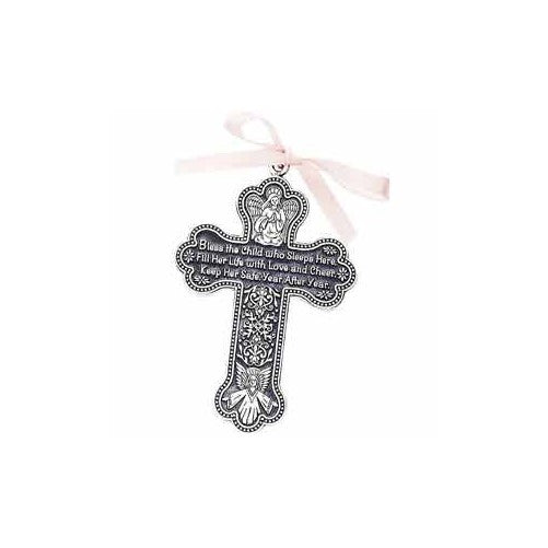 4" Pewter Baptism Bless The Child Guardian Angel Cross Crib Medal for Girl