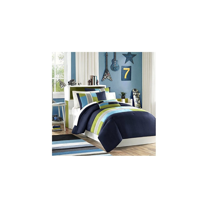 Navy, Teal, Light Green Boys Full Comforter and Shams Set Plus BONUS PILLOW (4 PC Set)