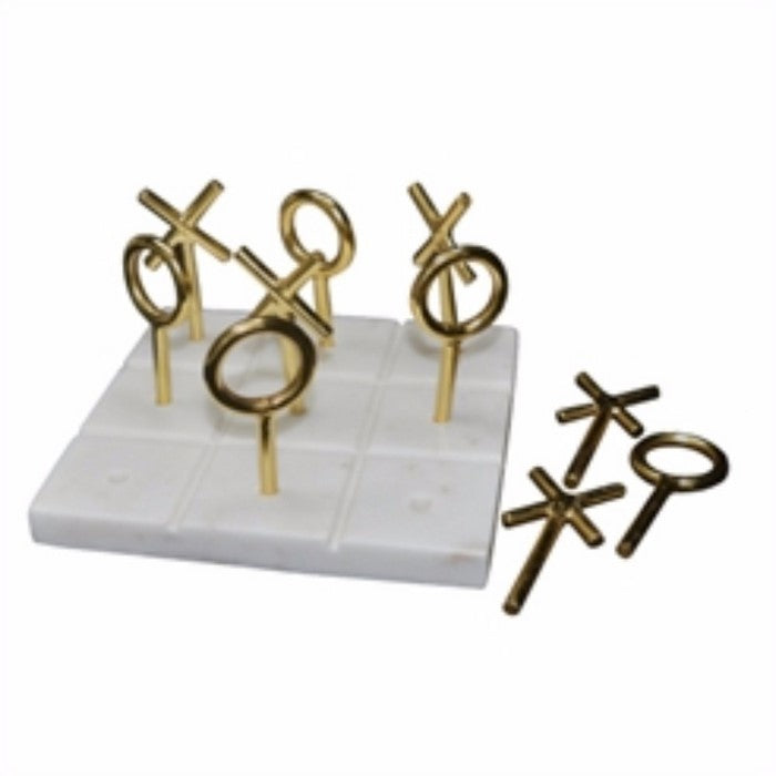 Charismatic Metal And Marble Tic Tac Toe Game, White And Gold