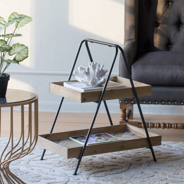 Farmhouse Style Wood and Metal Organizer Shelf with 2 Tier Design, Brown and White