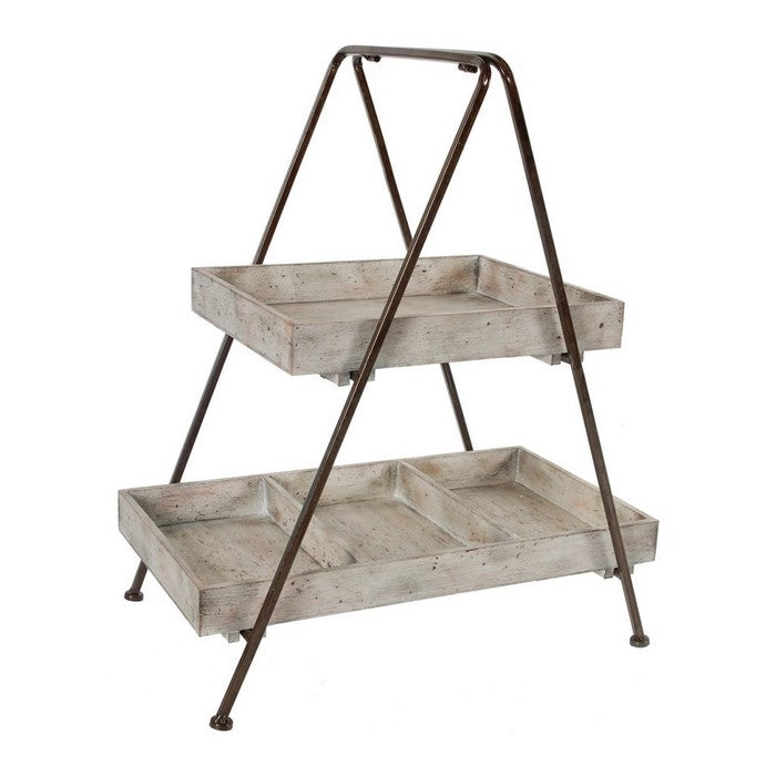 Farmhouse Style Wood and Metal Organizer Shelf with 2 Tier Design, Brown and White