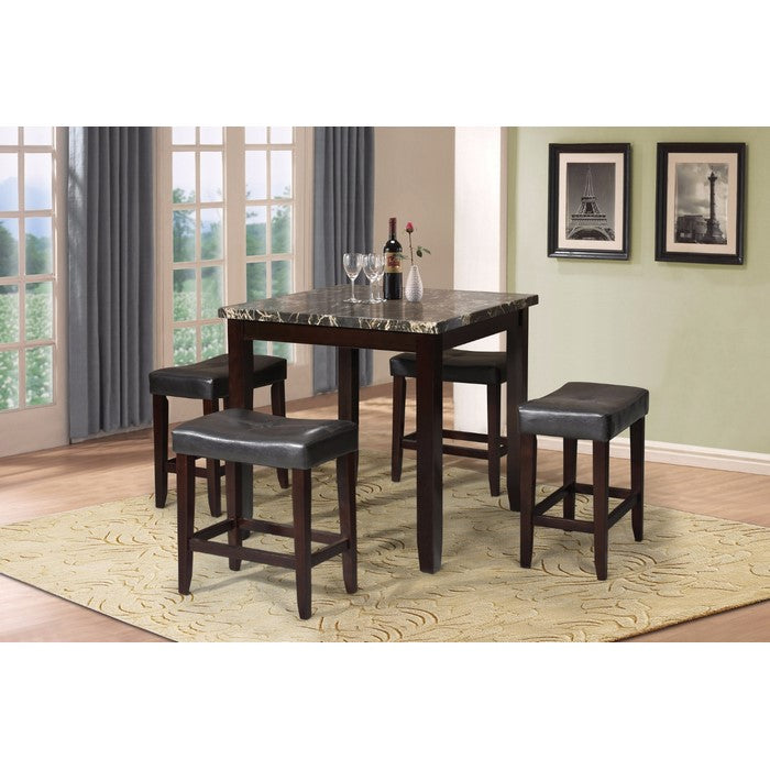 Modish Counter Height Set, Black Faux Marble & Espresso, 5 Piece Pack