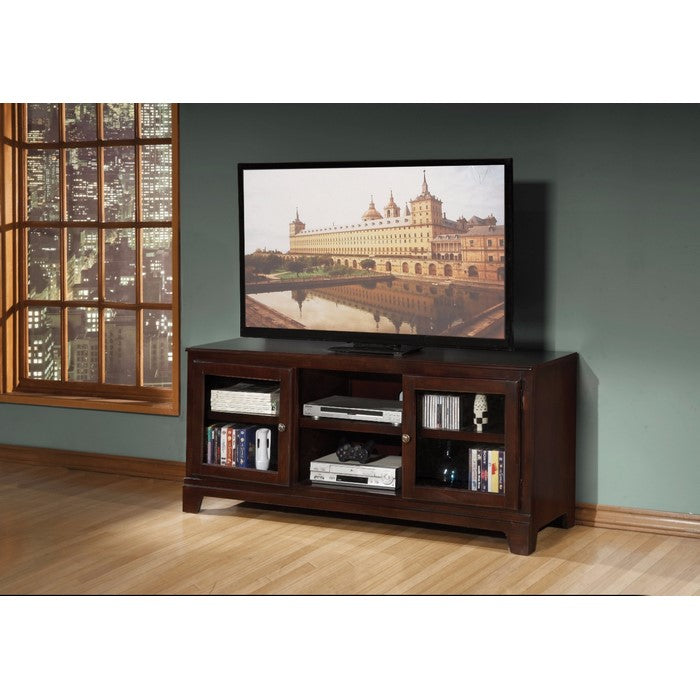 58 Inch Wood TV Stand with 2 Glass Doors and 3 Shelves, Brown