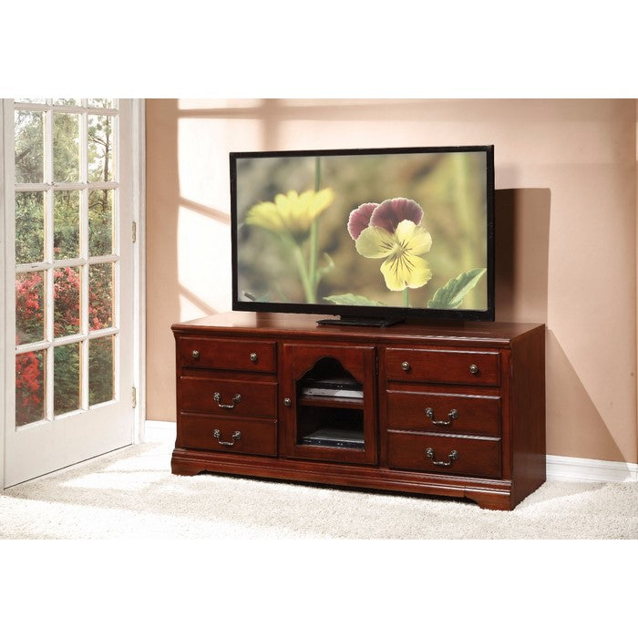 58 Inch 4 Drawer Wood TV Stand with 1 Glass Door, Cherry Brown