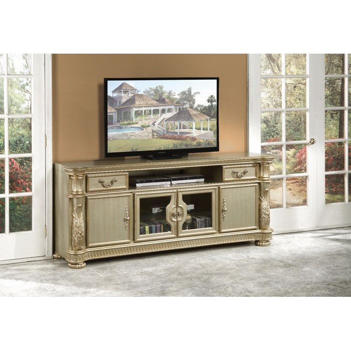 83 Inch 4 Door Wood and Polyresin TV Stand, Gold