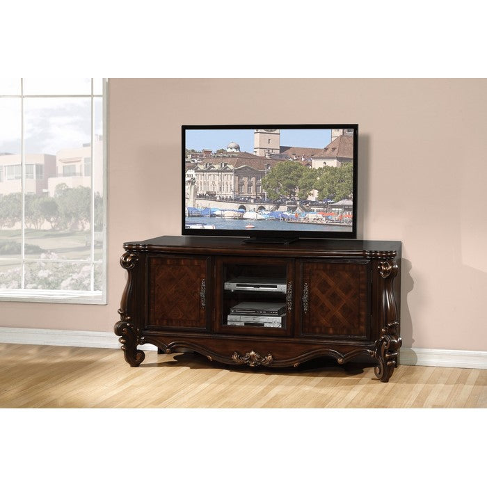 Traditional Style 3 Door Storage TV Console with Scroll Legs, Brown