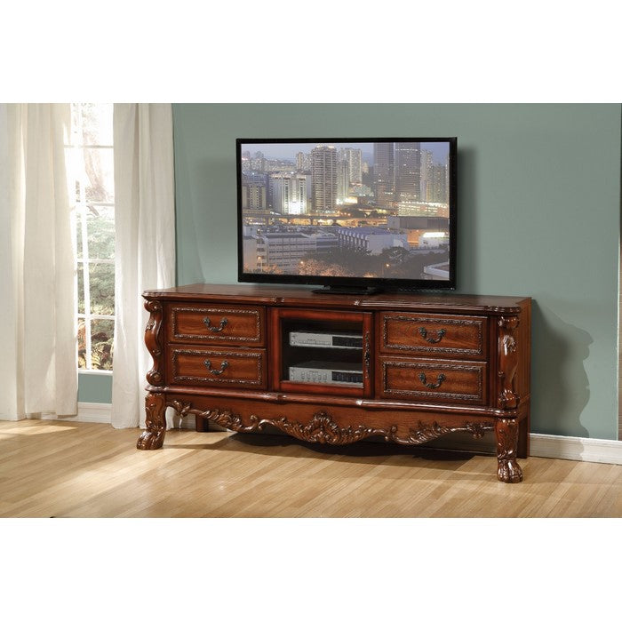 Traditional Style 4 Drawer TV Console with Claw Feet, Cherry Brown