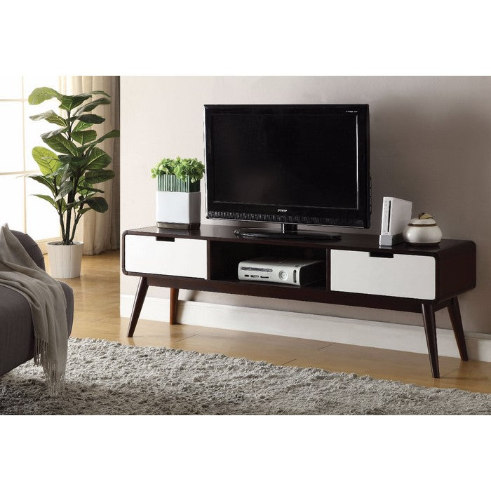 2 Drawer TV Stand with Splayed Legs, White and Brown