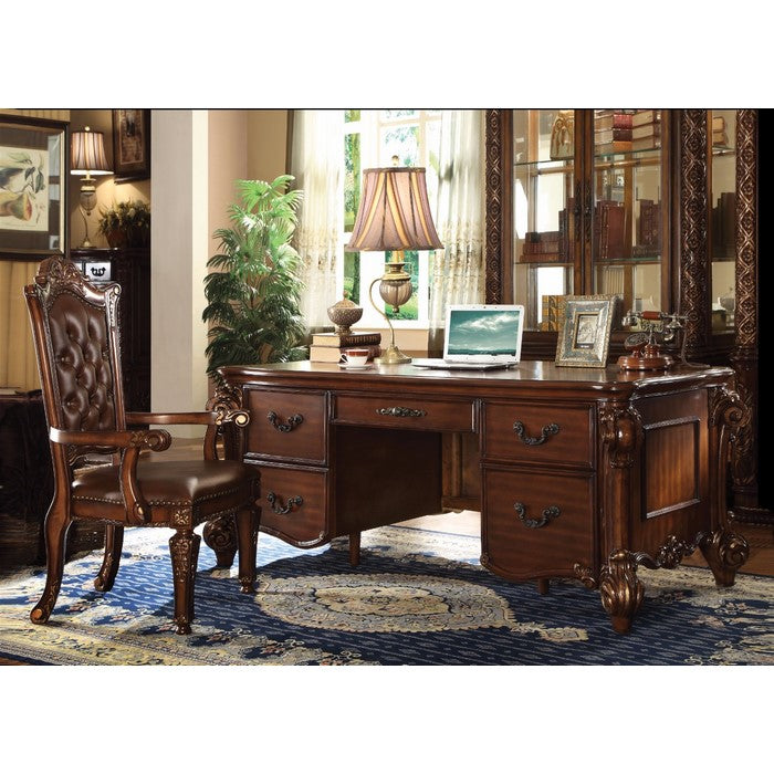 5 Drawer Wooden Desk with Carved Details and Antique Metal Handles, Brown
