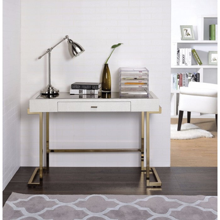 Mirror Top Writing Desk, White & Gold