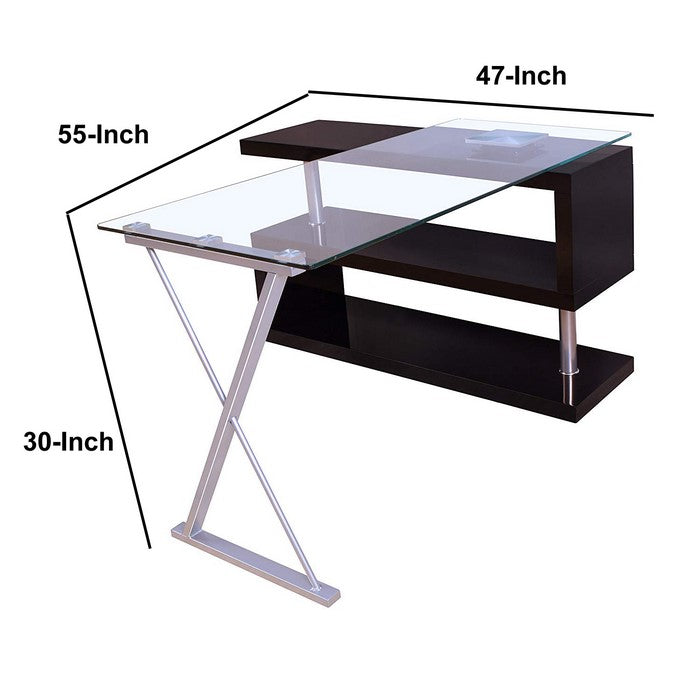Writing Desk with Swivel, Clear Glass & Black