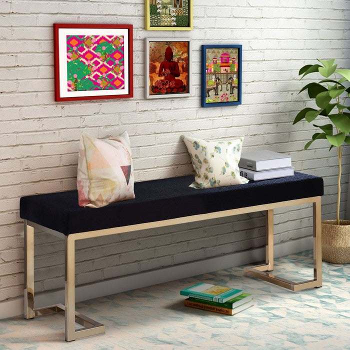 Fabric Bench with Metal Tubular Base, Gold and Black