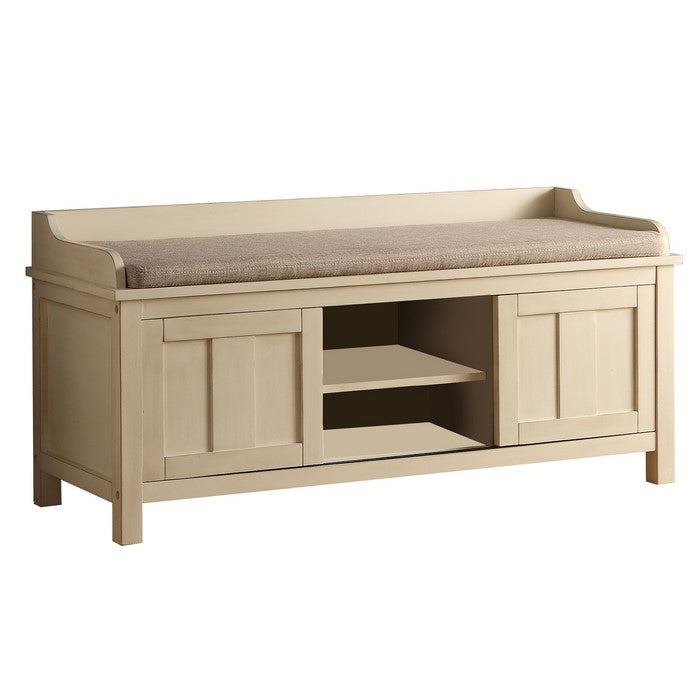 2 Sliding Door Storage Bench with Padded Seat, Cream