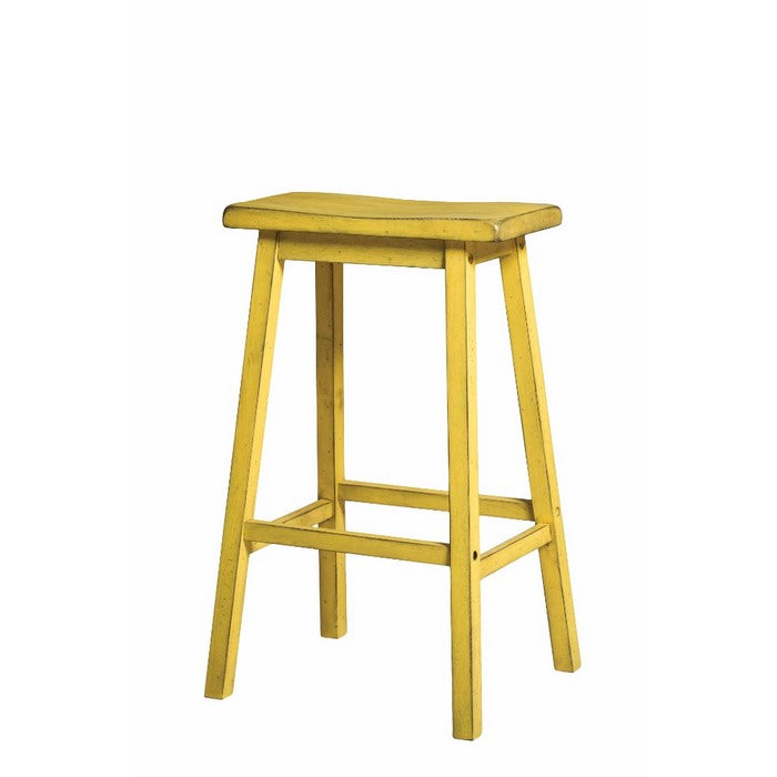 Wooden Barstool with Saddle Design Seat, Set of 2, Distressed Yellow