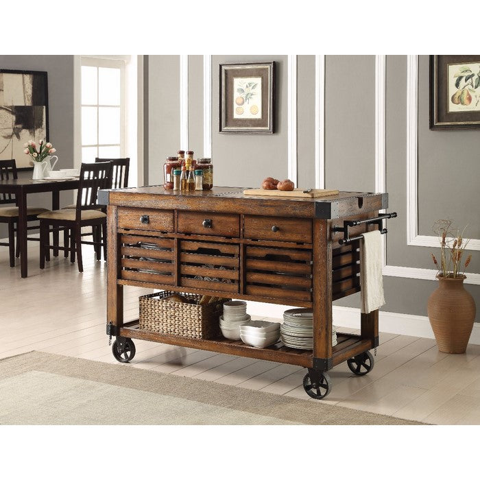 Wood & Metal Kitchen Cart, Distress Chestnut Brown
