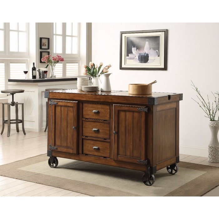 3 Drawer Wooden Server with 2 Doors and Casters, Brown