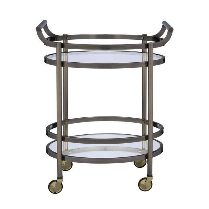 Oval Shaped Metal Serving Cart with 2 Shelves, Silver