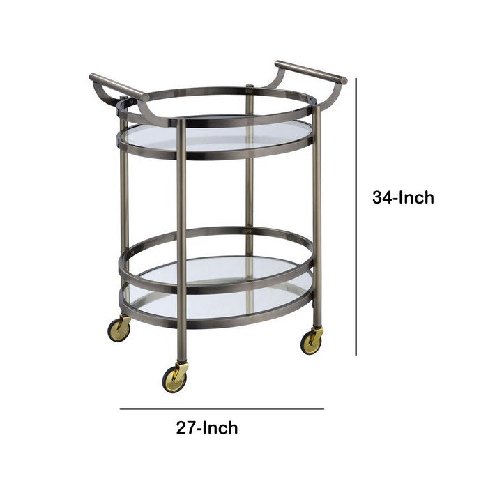 Oval Shaped Metal Serving Cart with 2 Shelves, Silver