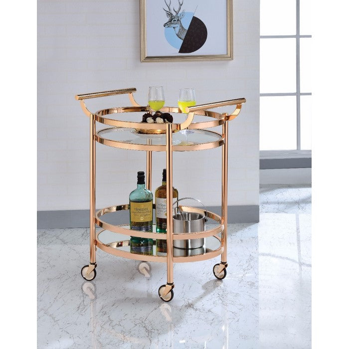 27 Inch Oval Shaped Metal Serving Cart with 2 Shelves, Gold