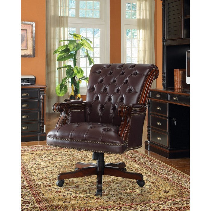 Button Tufted Executive Home Office Wooden Chair with Vinyl like Leather Upholstery, Dark Brown