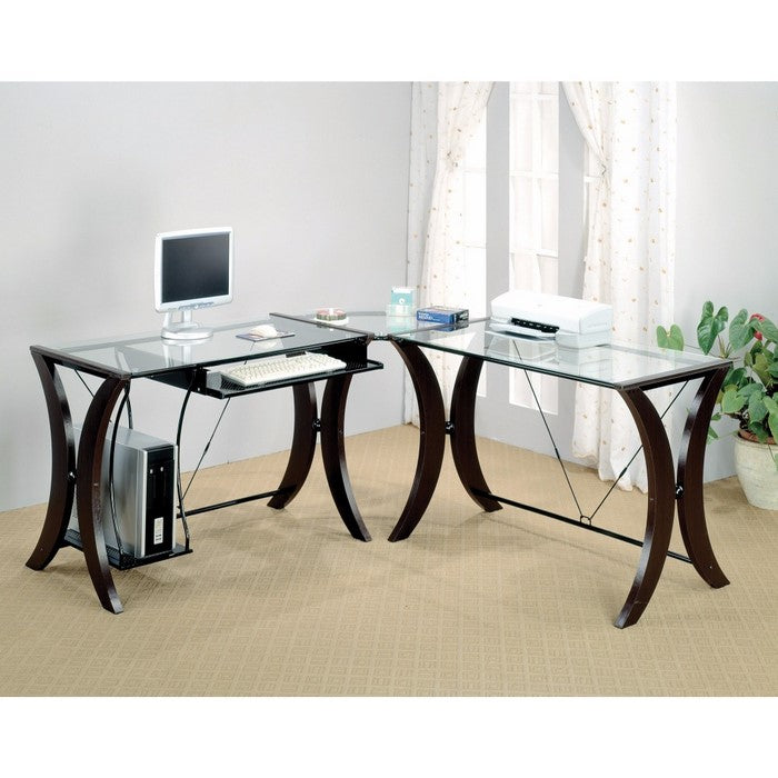 Sophisticated 3 Piece Desk Set With Glass Top, Clear And Brown