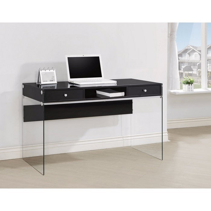 Elegant Metal Writing Desk with Glass Sides, Clear And Black