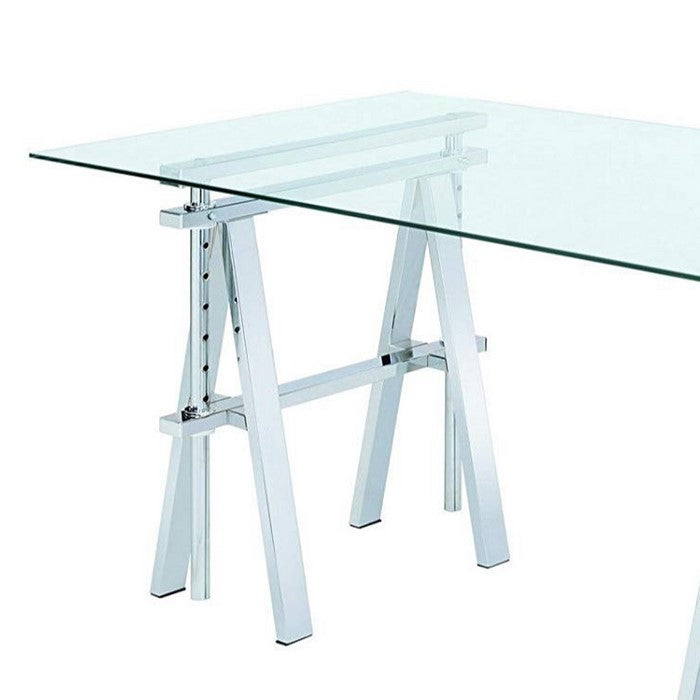 Adjustable Writing Desk with Sawhorse Legs, Clear And Silver